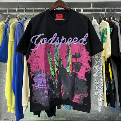 Godspeed T-shirts Western Skull Denim Cactus Print Cotton Casual Short Sleeve Men and Women